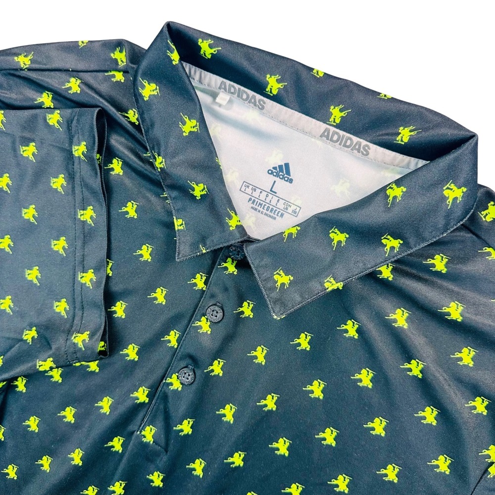 Adidas Primegreen Golf Polo Shirt Mens L Black Green Horse All Over Print Casual
